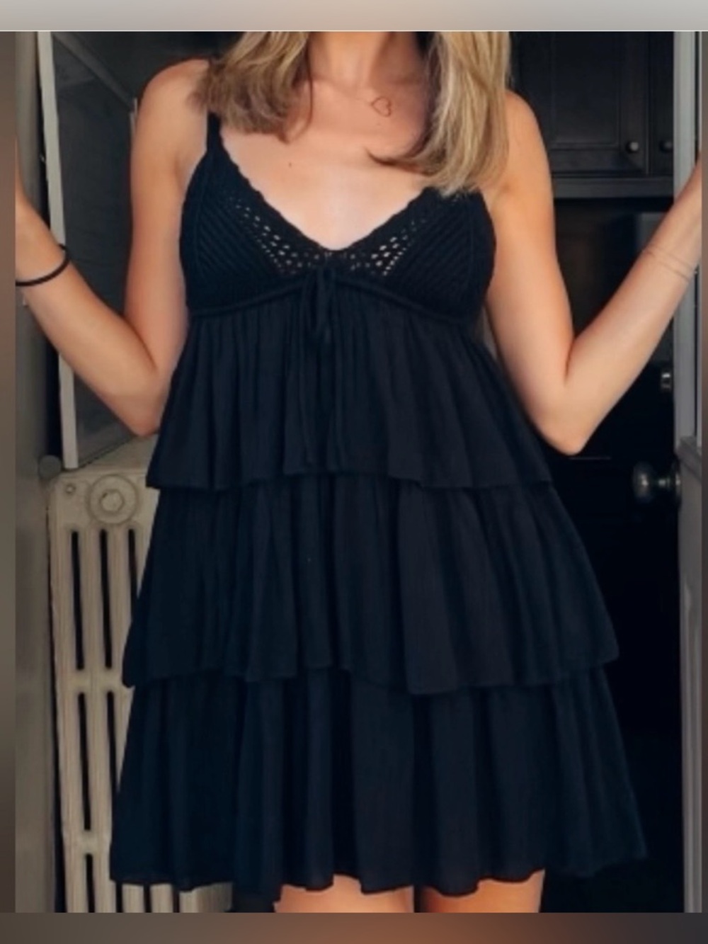 Zara Black Crochet-Tiered Spaghetti-Strap Mini Dress